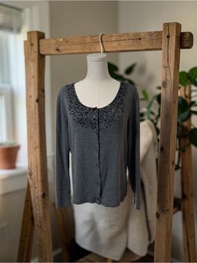 Rafaella Gray Beaded Button Front Sweater SZ XL